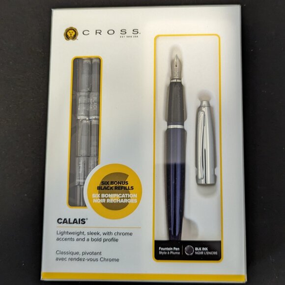 Cross Calais Fountain Pen, Blue Lacquer & Chrome, Medium Nib (NWT) - Picture 3 of 4